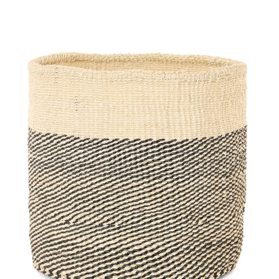 Large Charcoal Gray and Cream Twill Sisal Basket Basket