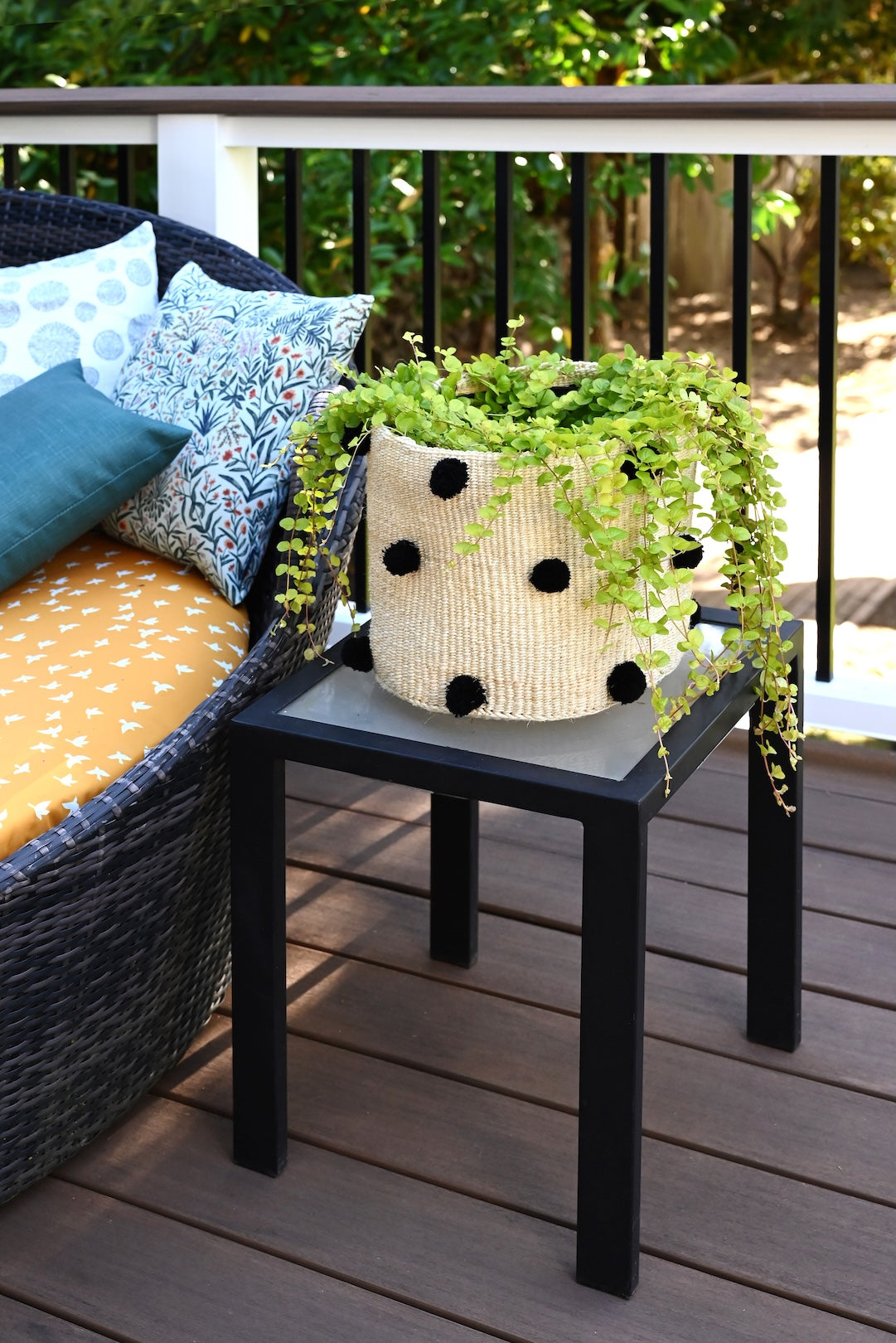 Natural Sisal Basket with Black Pom Poms - Image 4