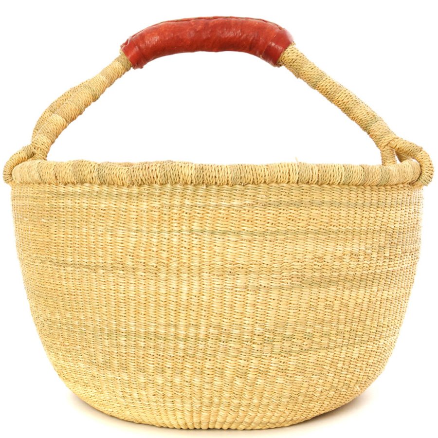 Natural Woven Basket with Brown Leather Handles