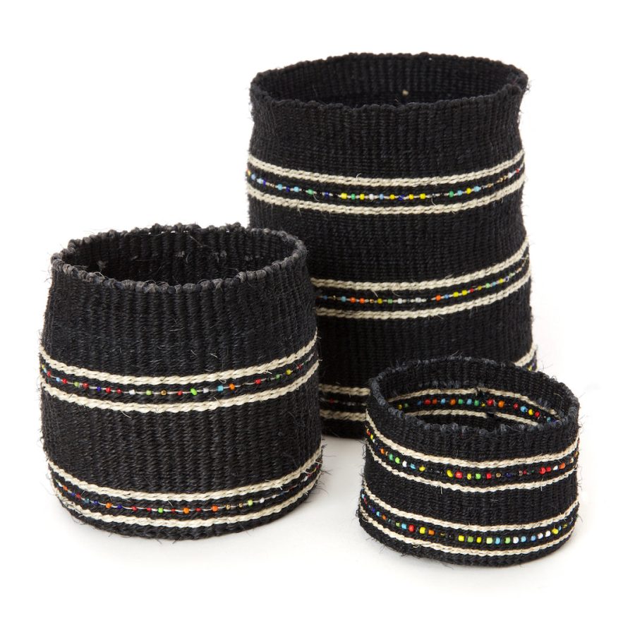 3-Piece Petite Dark Sisal Baskets with Colorful Beads