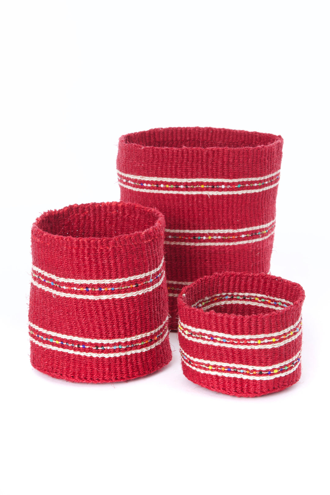 3-Piece Petite Garnet Sisal Baskets with Colorful Beads
