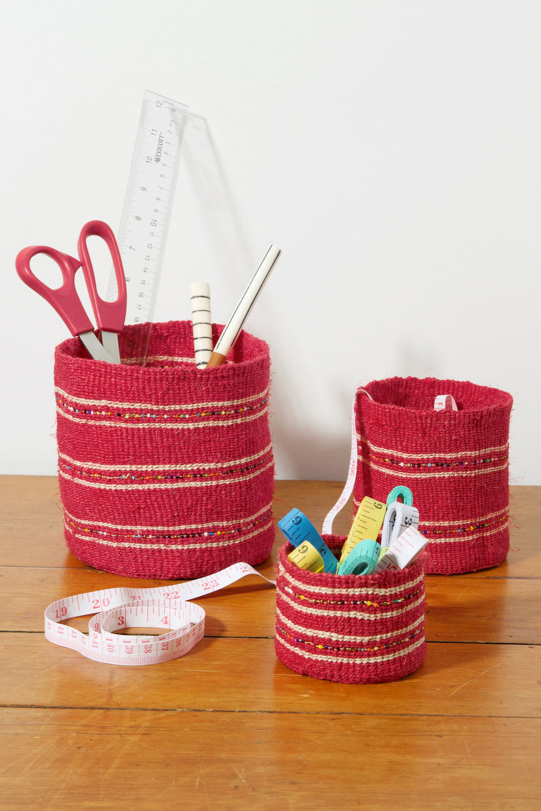 3-Piece Petite Garnet Sisal Baskets with Colorful Beads - Image 2